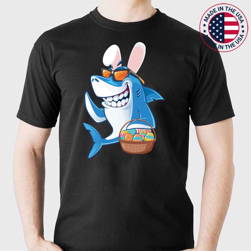 Funny Grinning Easter Shark with Easter Basket Bunny Ears T-Shirt