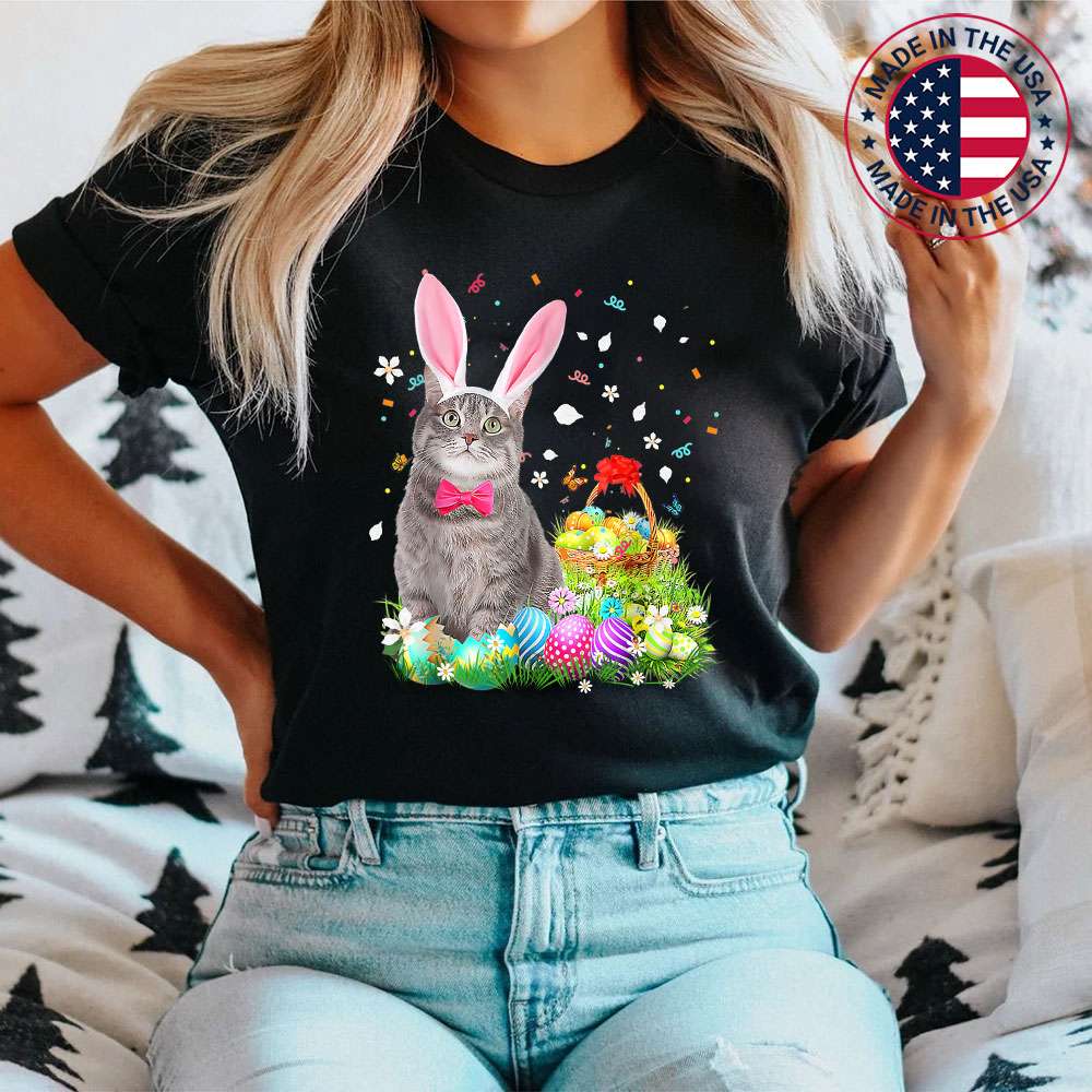 Happy Easter Cute Bunny Cat Eggs Basket Men Women Funny T-Shirt